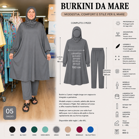 Elegante burkini a due pezzi, perfetto per gli sport acquatici