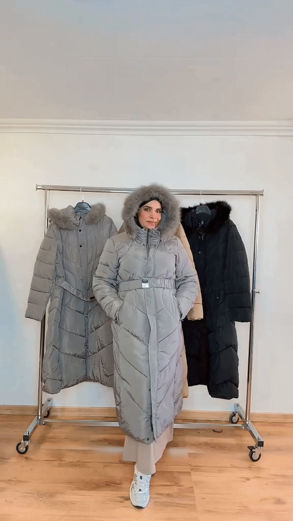 Giacca lunga in pelliccia sintetica a trapezio con cappuccio e cintura - Grossiste Radia