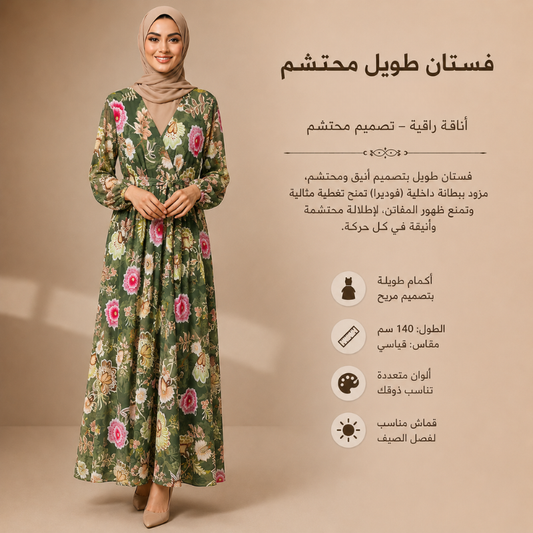 Vestito Lungo Modesto Donna Floreale con Cintura – Abito Elegante per Hijab, Maniche Lunghe, Foderato, Tessuto Estivo