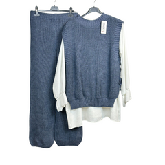 Completo 3 pezzi per DONNA, Gilet lavorato a maglia tinta unita casual e camicia a maniche lunghe e pantaloni