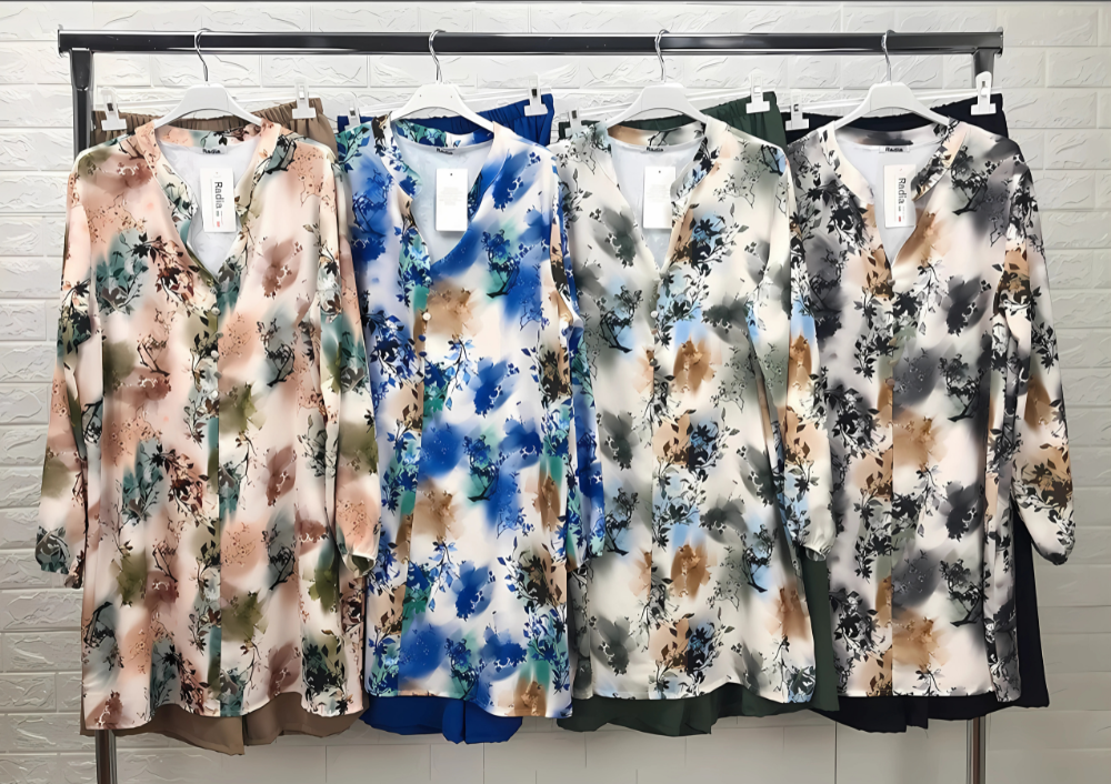 Completo Lacovia da donna con camicia e pantaloni in stile arabo a maniche larghe con stampa floreale, taglie forti - Grossiste Radia