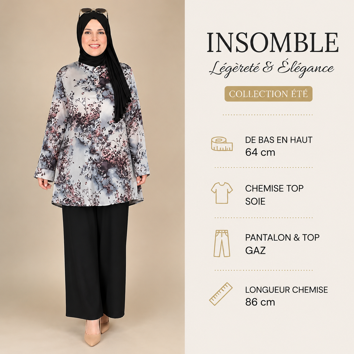 completo composto da camicia e pantalone palazzo a fantasia