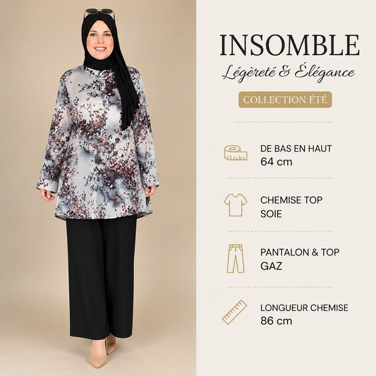 completo composto da camicia e pantalone palazzo a fantasia