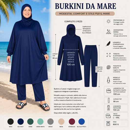 Elegante burkini a due pezzi, perfetto per gli sport acquatici