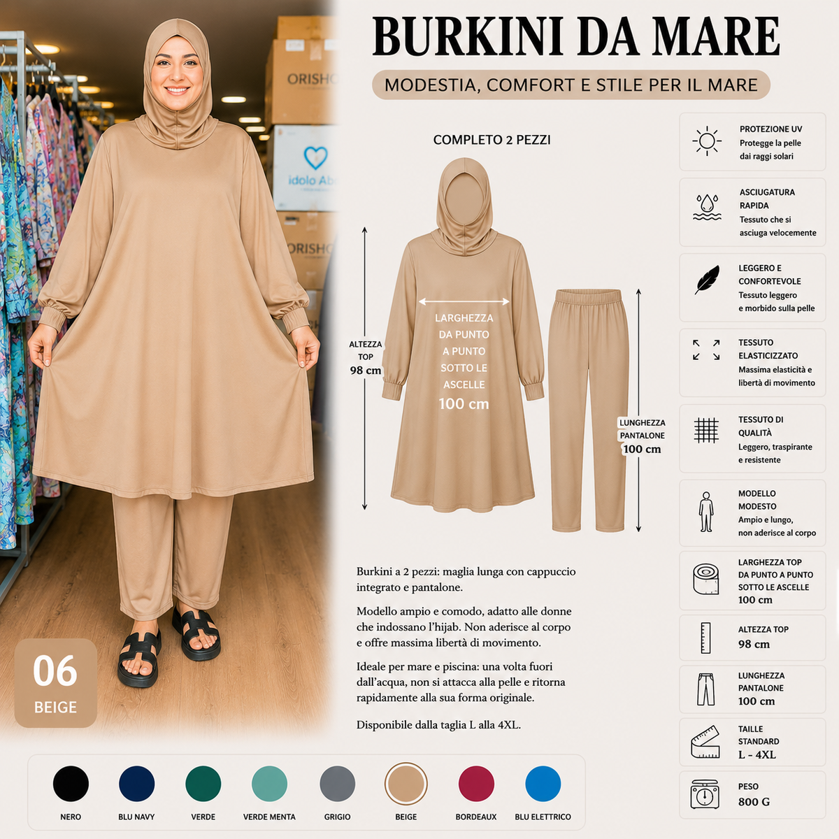 Elegante burkini a due pezzi, perfetto per gli sport acquatici