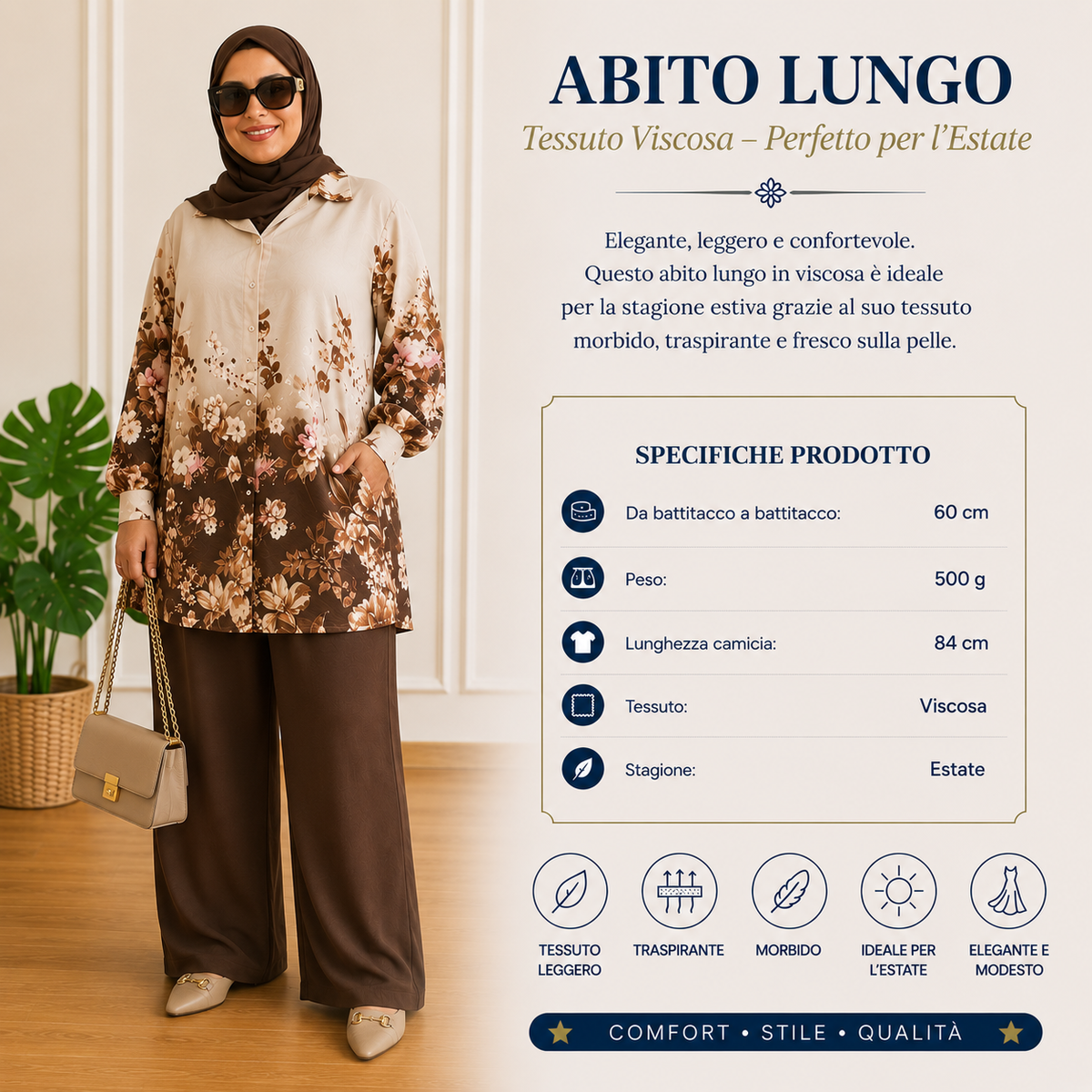 Completo Donna Effetto Lino con Tunica Lunga e Pantaloni – Abbigliamento Modesto Elegante per Hijab