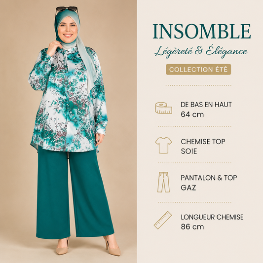 completo composto da camicia e pantalone palazzo a fantasia