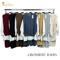 Completo 3 pezzi per DONNA, Gilet lavorato a maglia tinta unita casual e camicia a maniche lunghe e pantaloni