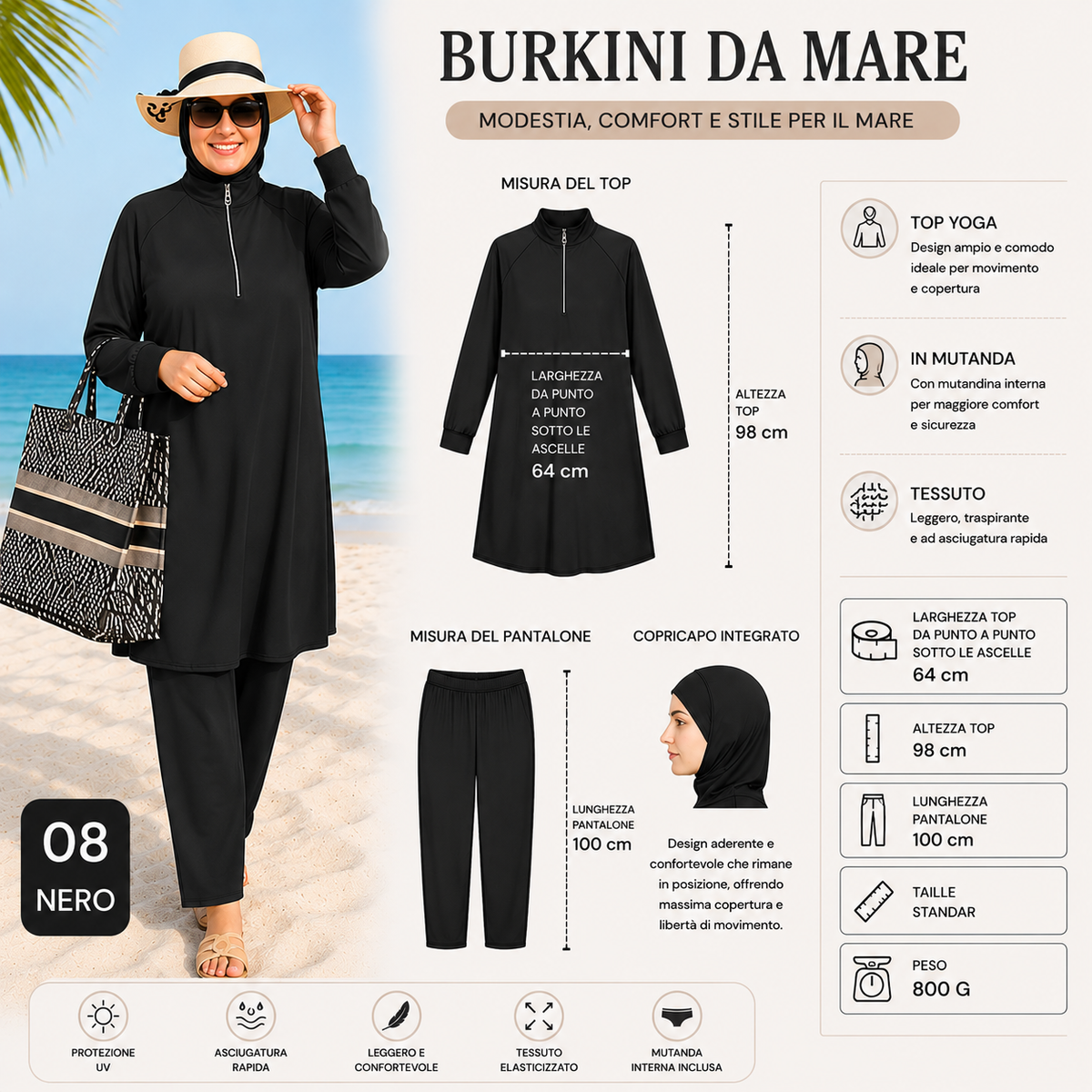 Elegante burkini a tre pezzi, ideale per gli sport acquatici - Grossiste Radia