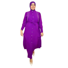 Set di abbigliamento islamico da donna, 2 pezzi, pantaloni larghi a maniche lunghe e camicia con spacchi laterali tinta unita, primavera/autunno