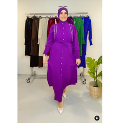 Set di abbigliamento islamico da donna, 2 pezzi, pantaloni larghi a maniche lunghe e camicia con spacchi laterali tinta unita, primavera/autunno