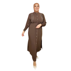 Set di abbigliamento islamico da donna, 2 pezzi, pantaloni larghi a maniche lunghe e camicia con spacchi laterali tinta unita, primavera/autunno