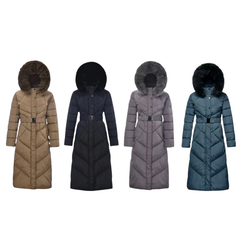 Giacca lunga in pelliccia sintetica a trapezio con cappuccio e cintura - Grossiste Radia