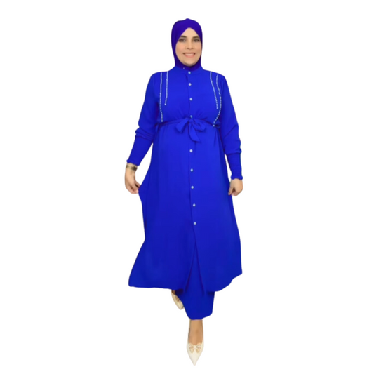 Set di abbigliamento islamico da donna, 2 pezzi, pantaloni larghi a maniche lunghe e camicia con spacchi laterali tinta unita, primavera/autunno