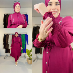 Set di abbigliamento islamico da donna, 2 pezzi, pantaloni larghi a maniche lunghe e camicia con spacchi laterali tinta unita, primavera/autunno