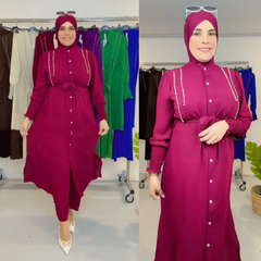 Set di abbigliamento islamico da donna, 2 pezzi, pantaloni larghi a maniche lunghe e camicia con spacchi laterali tinta unita, primavera/autunno