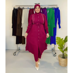 Set di abbigliamento islamico da donna, 2 pezzi, pantaloni larghi a maniche lunghe e camicia con spacchi laterali tinta unita, primavera/autunno