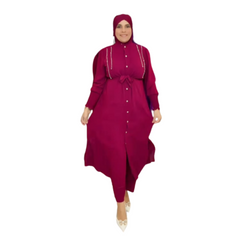 Set di abbigliamento islamico da donna, 2 pezzi, pantaloni larghi a maniche lunghe e camicia con spacchi laterali tinta unita, primavera/autunno