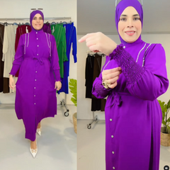 Set di abbigliamento islamico da donna, 2 pezzi, pantaloni larghi a maniche lunghe e camicia con spacchi laterali tinta unita, primavera/autunno