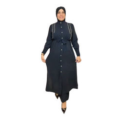 Set di abbigliamento islamico da donna, 2 pezzi, pantaloni larghi a maniche lunghe e camicia con spacchi laterali tinta unita, primavera/autunno