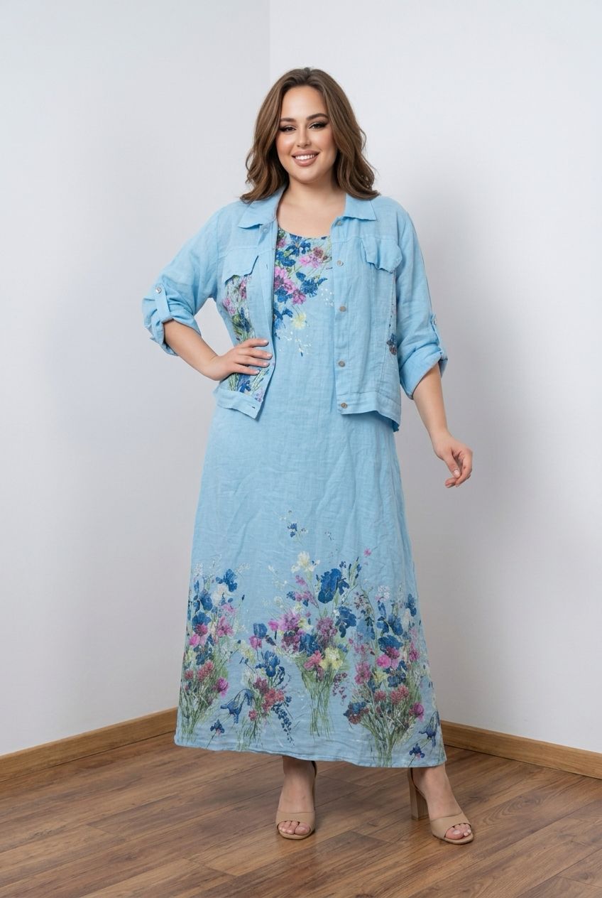 Elegante abito a due pezzi in puro lino con maniche lunghe