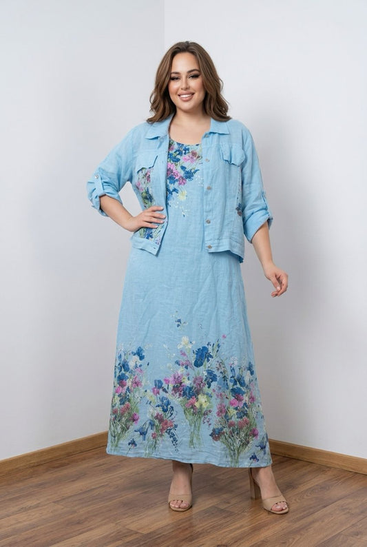 Elegante abito a due pezzi in puro lino con maniche lunghe